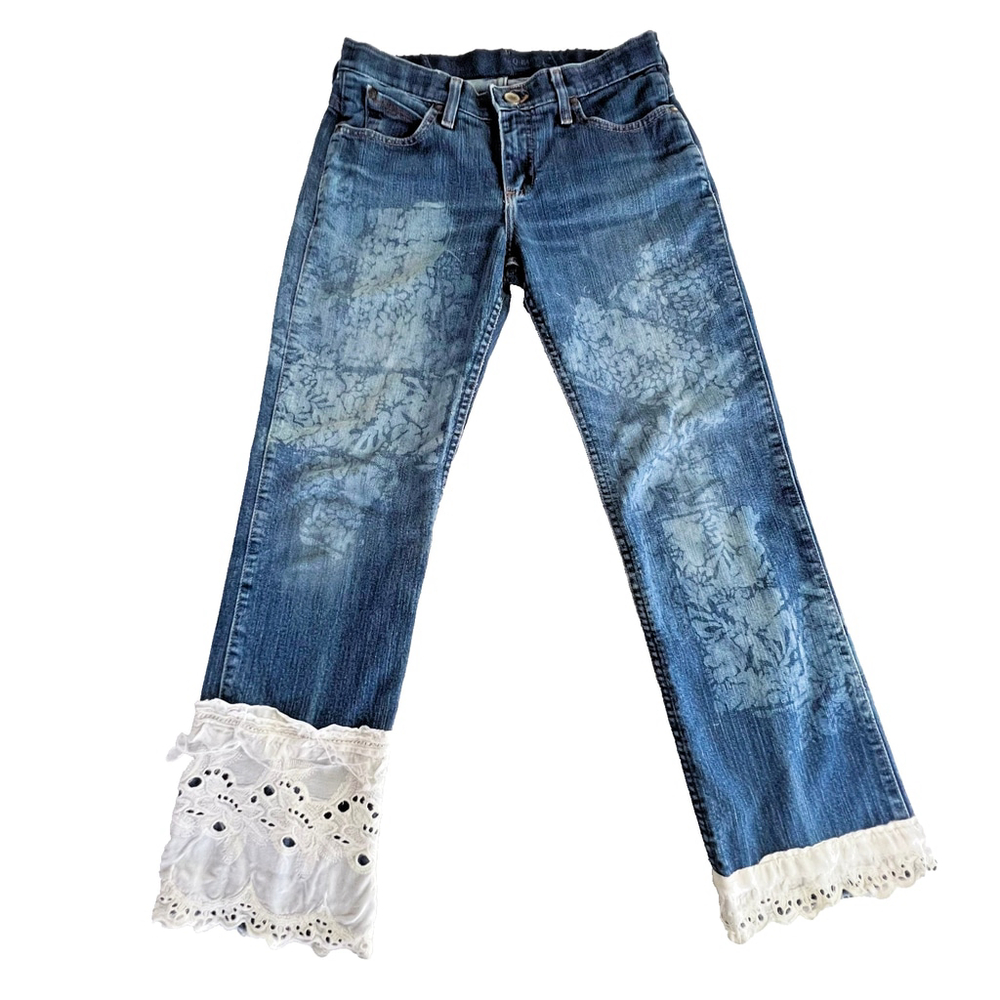 Upcycled One Of A Kind Bleahed Patchwork Jeans Wrangler Size 5/6 32 Boho Western